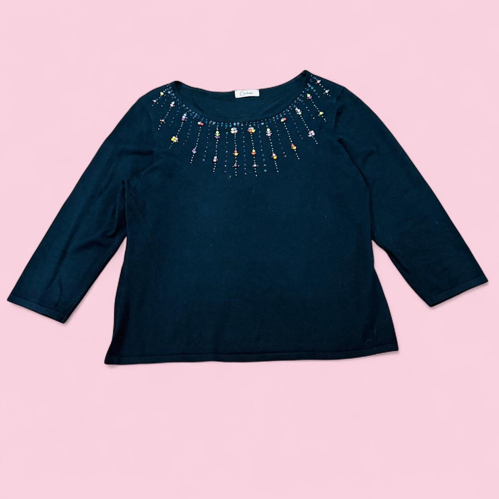 Vintage Carducci Black Embellished Beaded Front Pullover 3/4 Sleeve Sweater XL